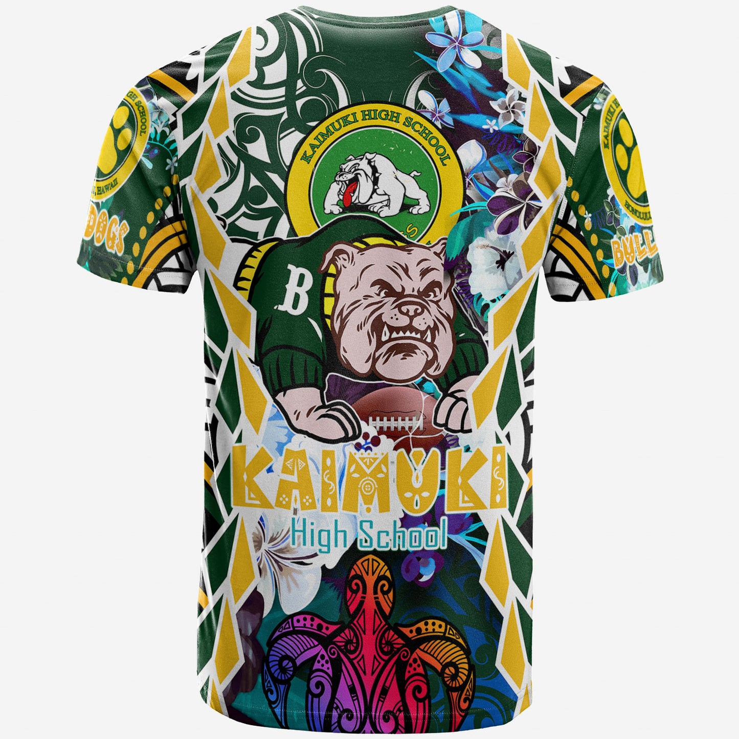 Hawaii Custom Personalised T-shirt - Kaimuki High School Bulldogs With Hawaiian Sea Turtle And Tribal Patterns
