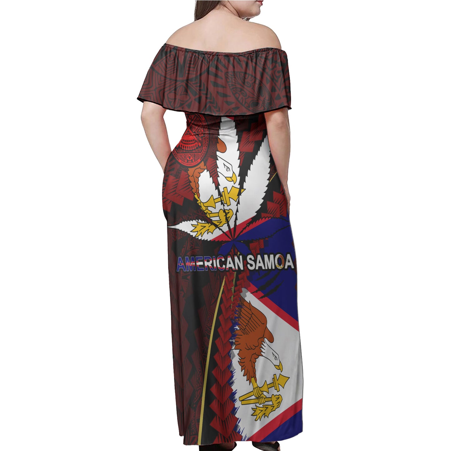 American Samoa Woman Off Shoulder Long Dress - American Samoa State Flag And Marijuana Leaf Polynesian Style