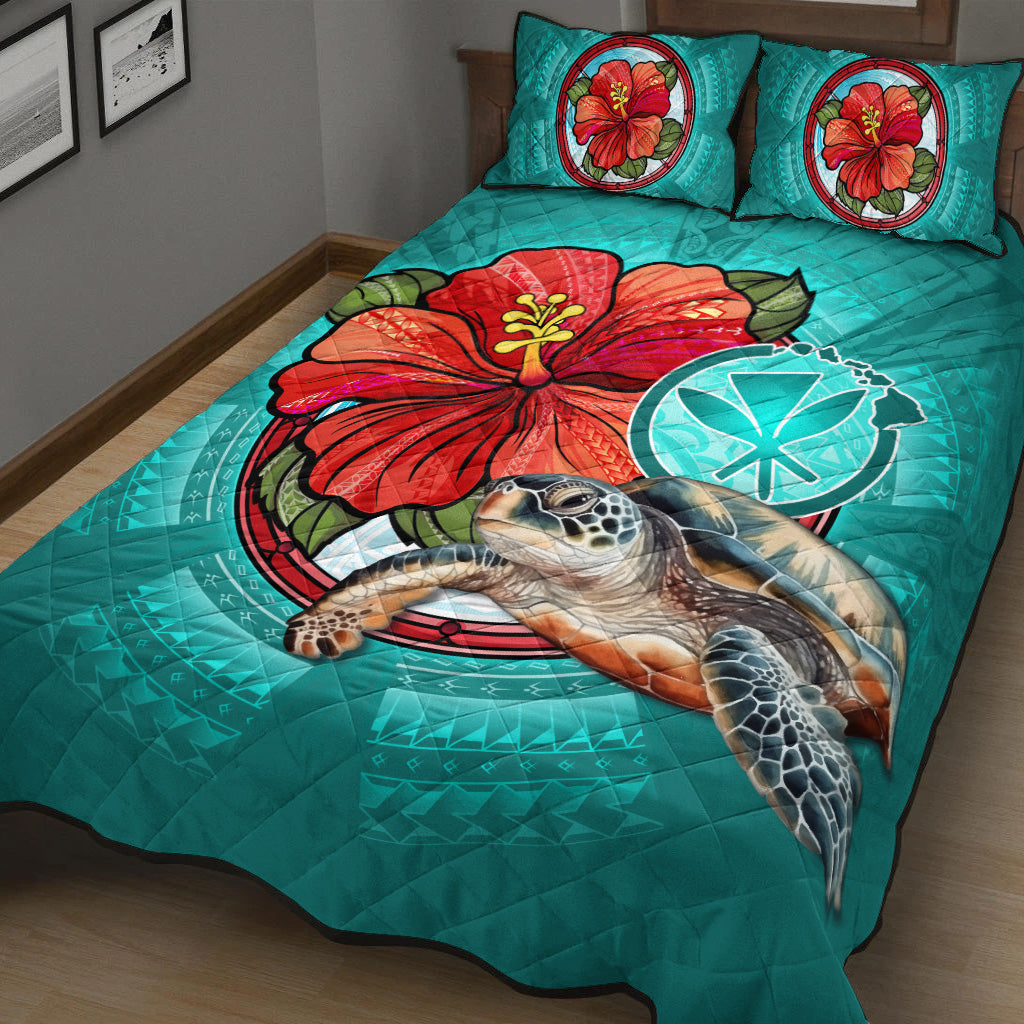 Hawaii Quilt Bed Set Hawaiian Map Turtle Hibiscus Flowers Polynesian Patterns Style
