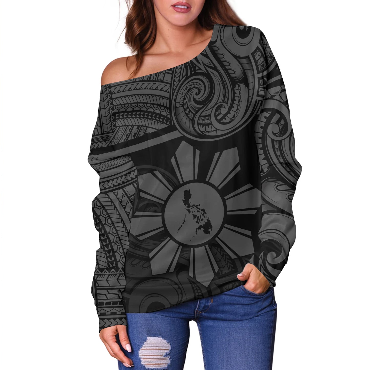 Philippines Filipinos Off Shoulder Sweatshirt Polynesian Tribal Sun And Map Original Style