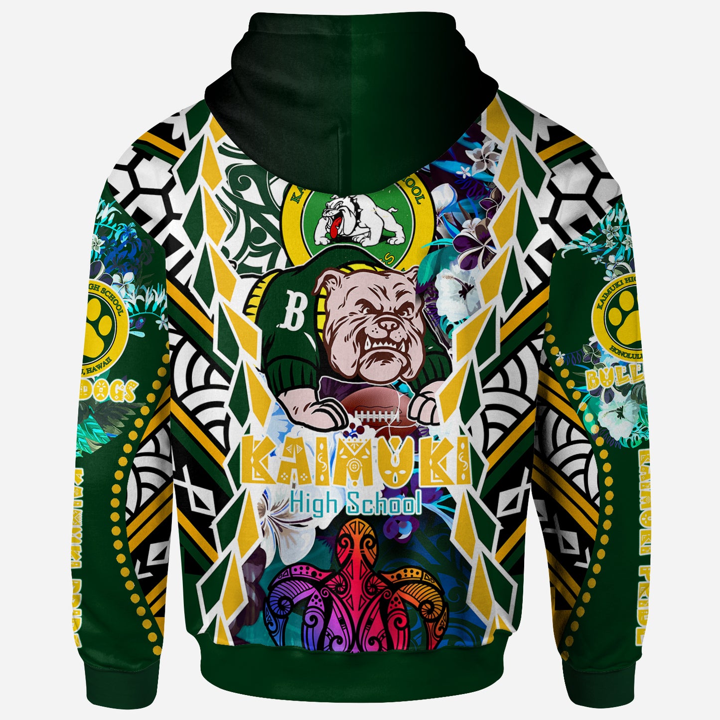 Hawaii Custom Personalised Hoodie - Kaimuki High School Bulldogs With Hawaiian Sea Turtle And Tribal Patterns
