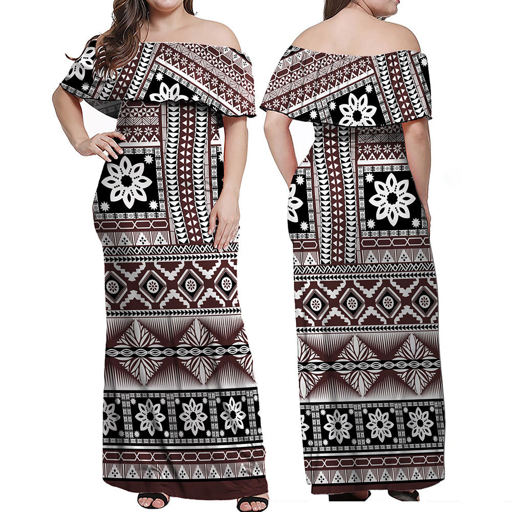 Fiji Woman Off Shoulder Long Dress Bula Fijian Masi Tapa Vintage Style