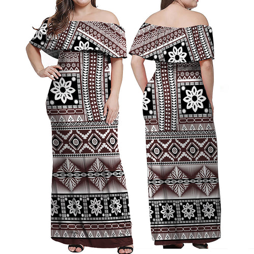 Fiji Woman Off Shoulder Long Dress Bula Fijian Masi Tapa Vintage Style
