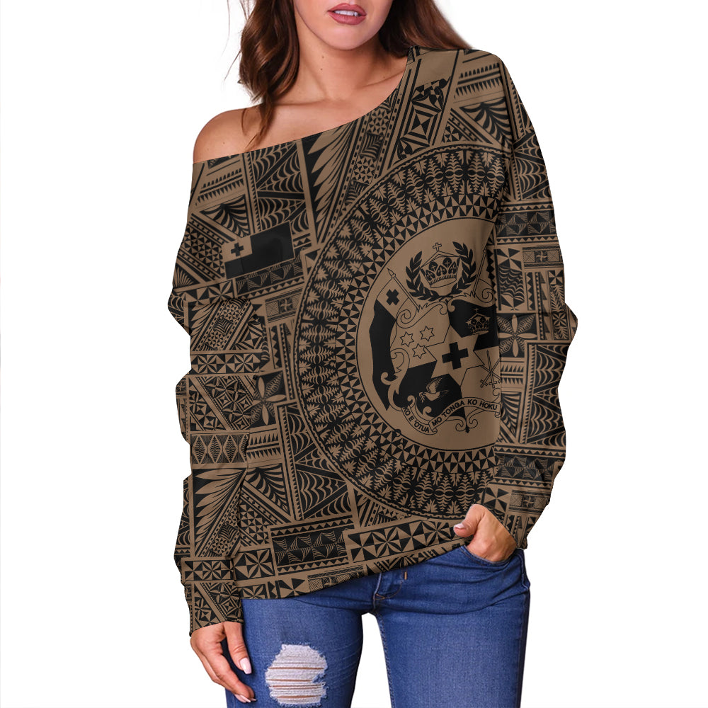 Tonga Off Shoulder Sweatshirt Royal Seal Tribal Pattern