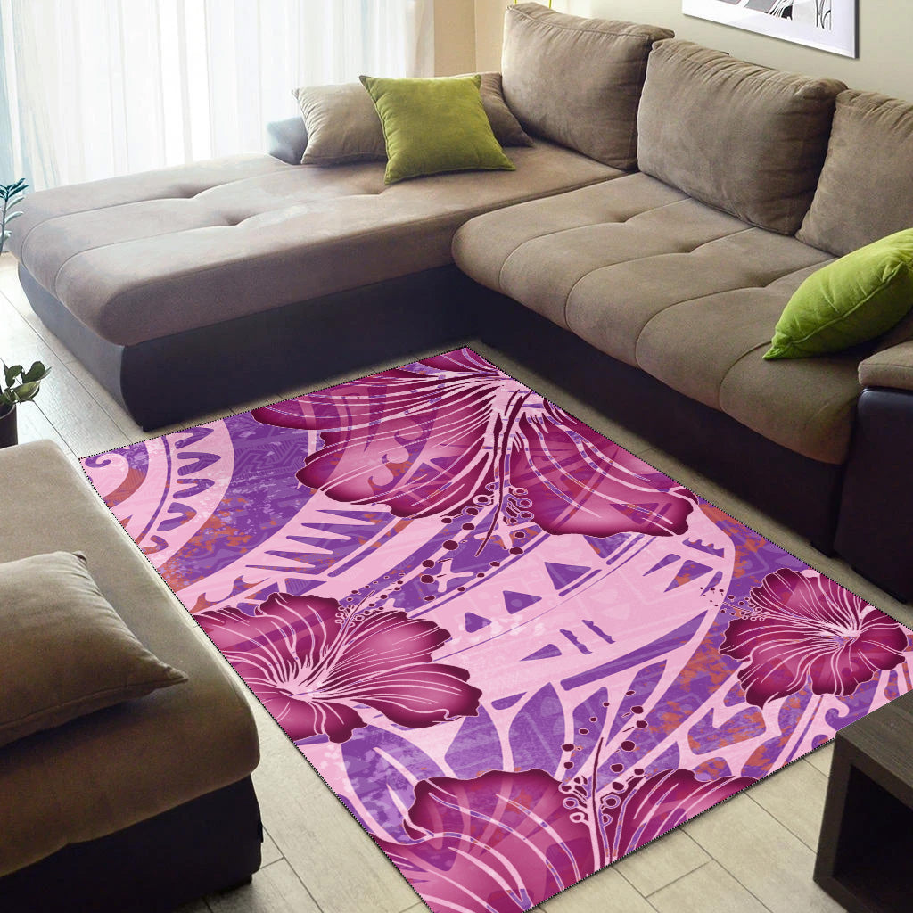 Hawaii Area Rug Polynesian Motif Purple Hibiscus