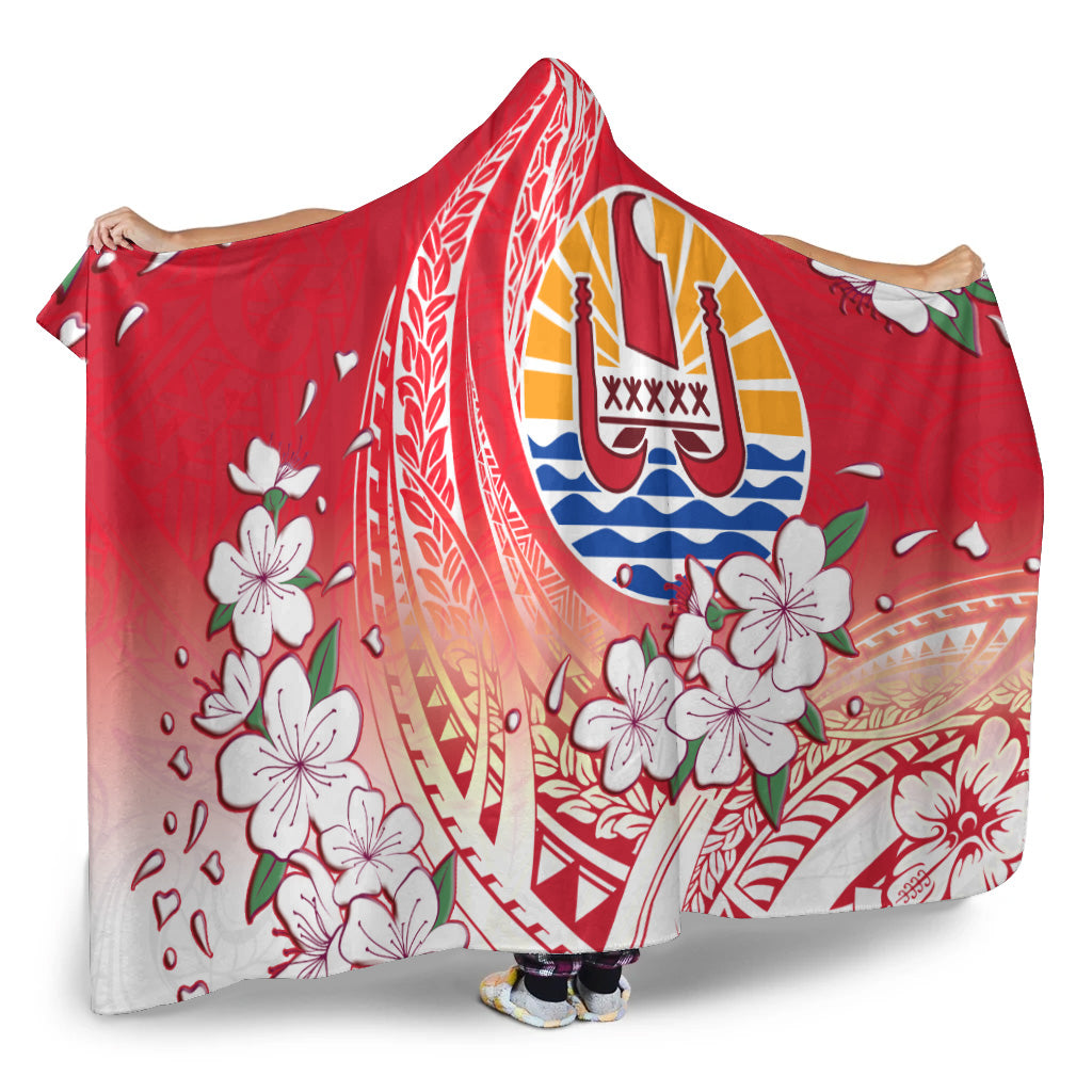 Tahiti Hooded Blanket Polynesian Pattern Style White Flowers