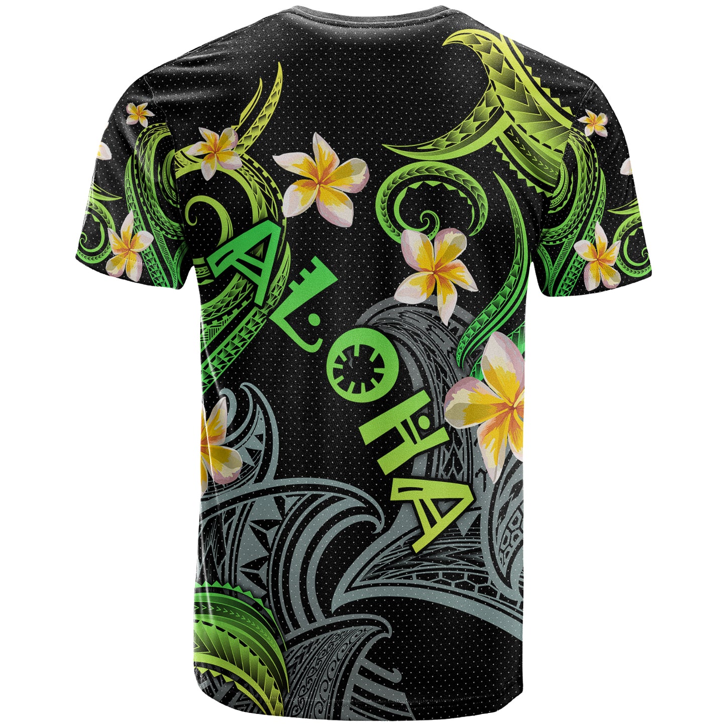 Personalized Kanaka Maoli T-shirt - Hawaii Polynesian Waves with Plumeria Flowers (Green)