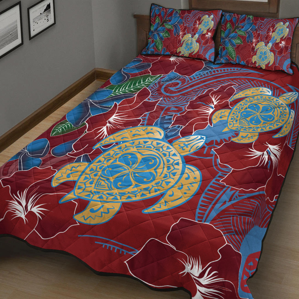 Hawaii Quilt Bed Set Polynesian Cultures Turtle Couple Tropical Flowers Red Color