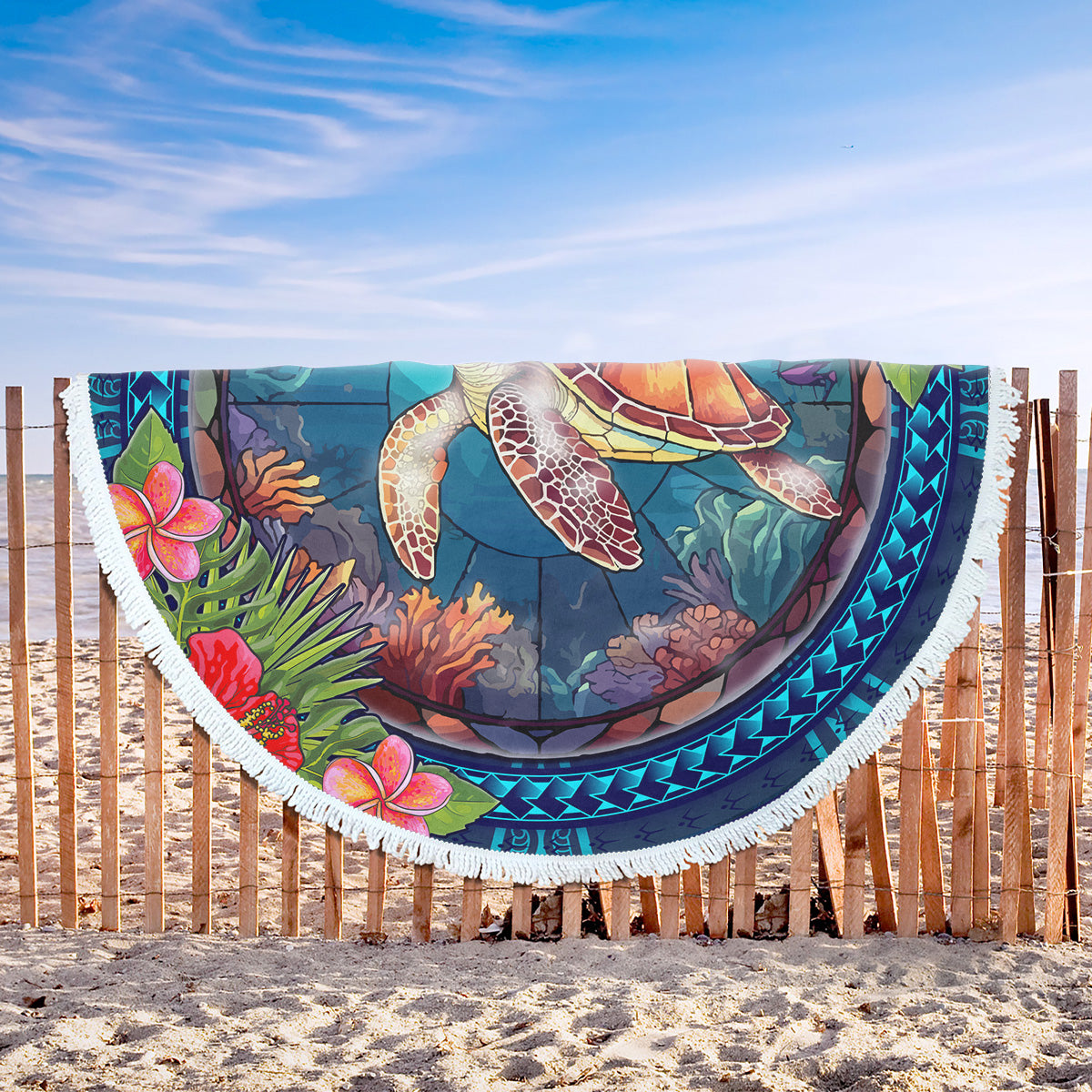 Hawaii Beach Blanket Polynesian Patterns Turtle Mascot WaterColor Style