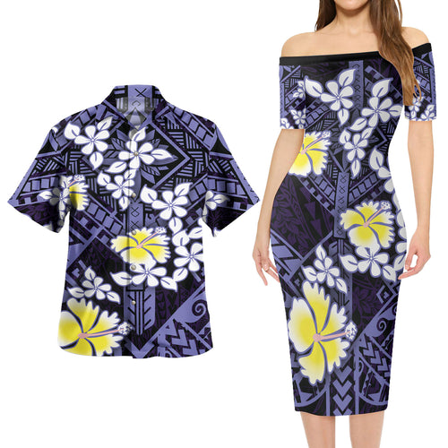 Polynesian Traditional Patterns Plumeria Flowers Short Sleeve Dress And Shirt
