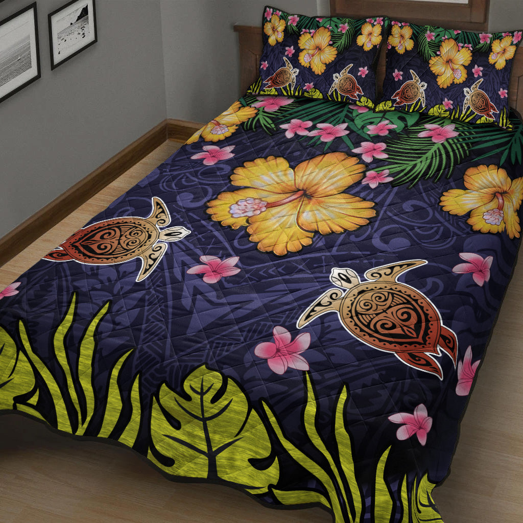 Hawaii Quilt Bed Set Polynesian Patterns Turtle Couple Hibiscus Plumeria Flowers