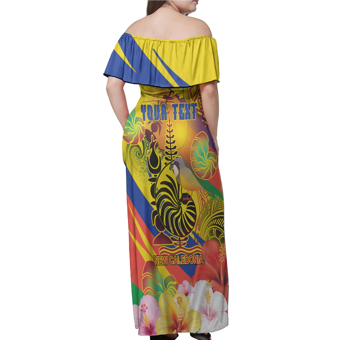 New Caledonia Woman Off Shoulder Long Dress - Custom Emblem of New Caledonia with Rufous whistler And Hibiscus