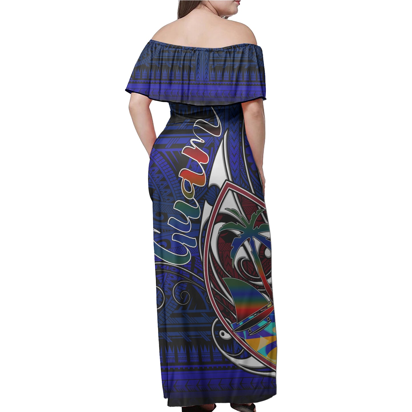 Guam Woman Off Shoulder Long Dress - Guam Independence Day With Hook Polynesian Patterns