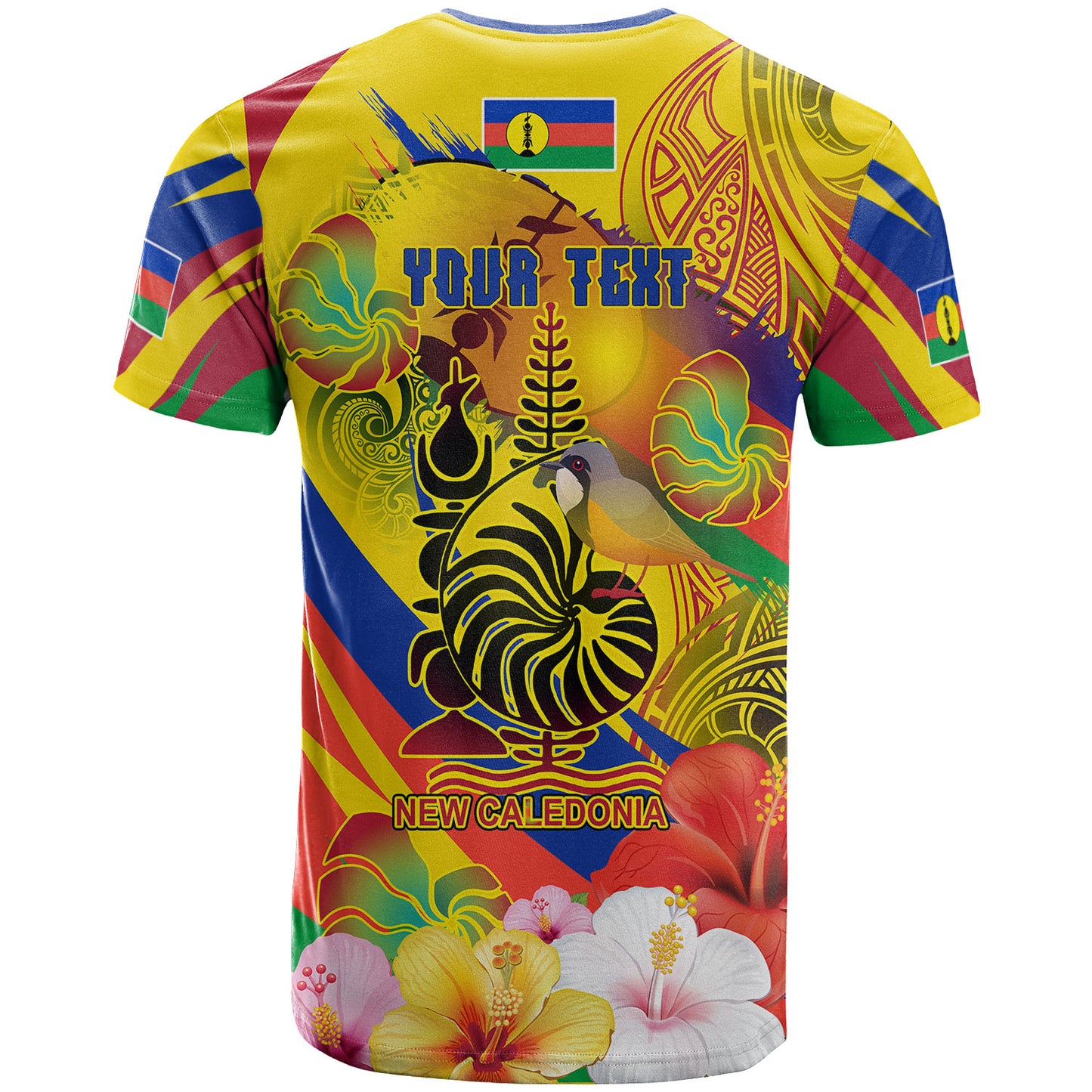New Caledonia T-shirt - Custom Emblem of New Caledonia with Rufous whistler And Hibiscus Polynesian T-shirt
