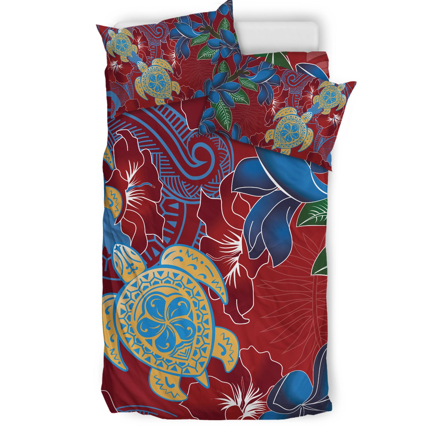 Hawaii Bedding Set Polynesian Cultures Turtle Couple Tropical Flowers Red Color
