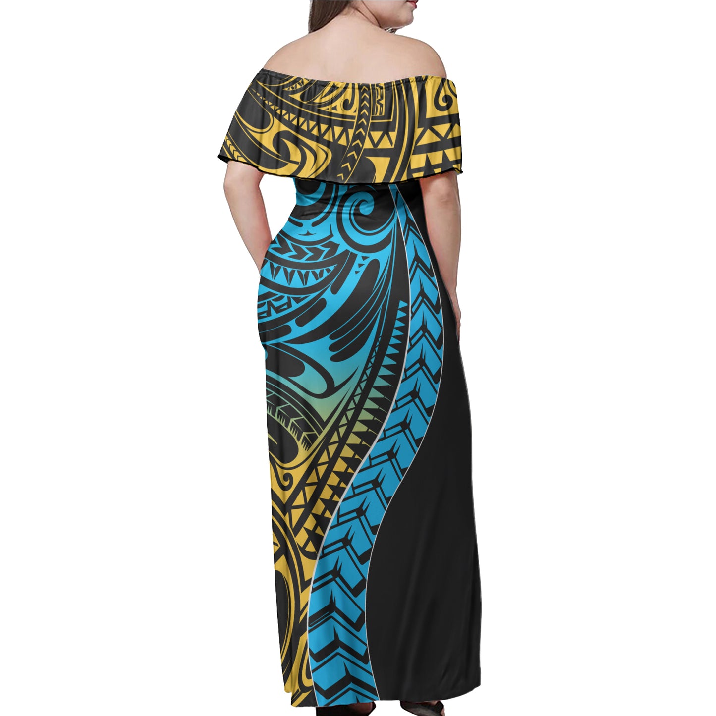 Polynesian Woman Off Shoulder Long Dress - Polynesian Design Pattern 03