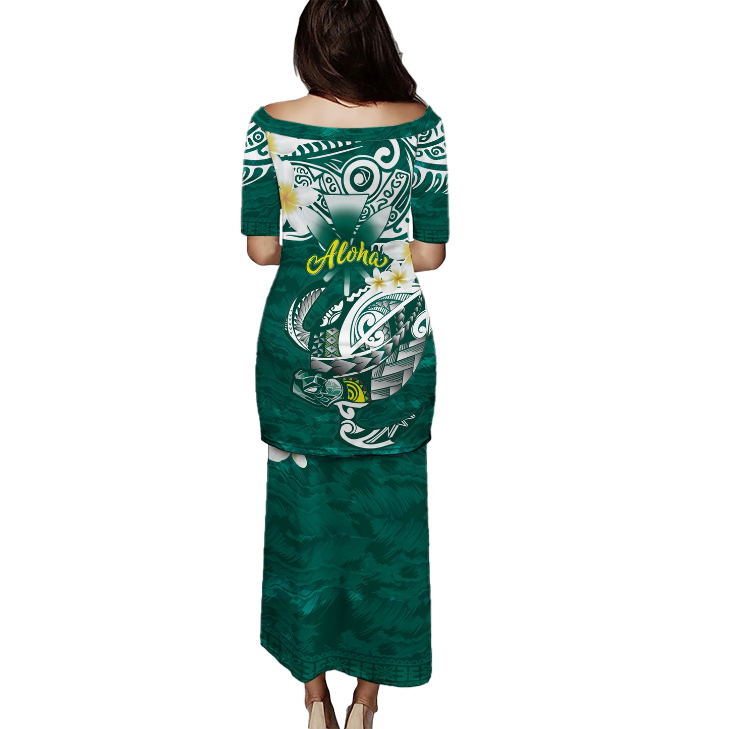 Hawaii Combo Puletasi And Shirt Polynesian Honu With Plumeria Tropical Ocean Wave