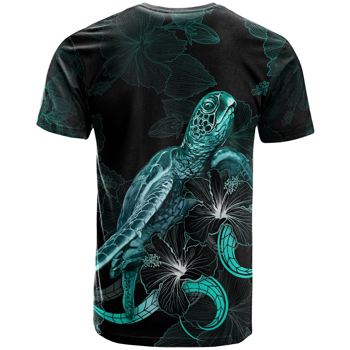 Guam Polynesian T-Shirt - Turtle With Blooming Hibiscus Turquoise