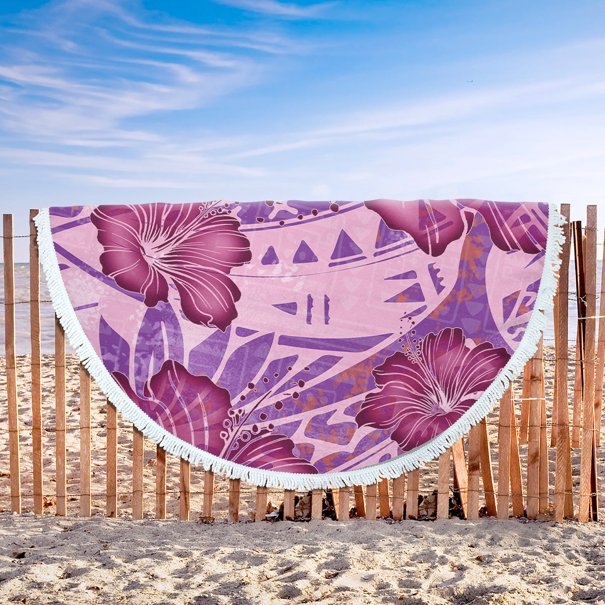 Hawaii Beach Blanket Polynesian Motif Purple Hibiscus