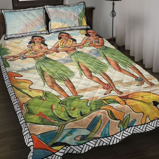 Aloha Nui Loa From Hawaii Hula Girls Quilt Bed Set