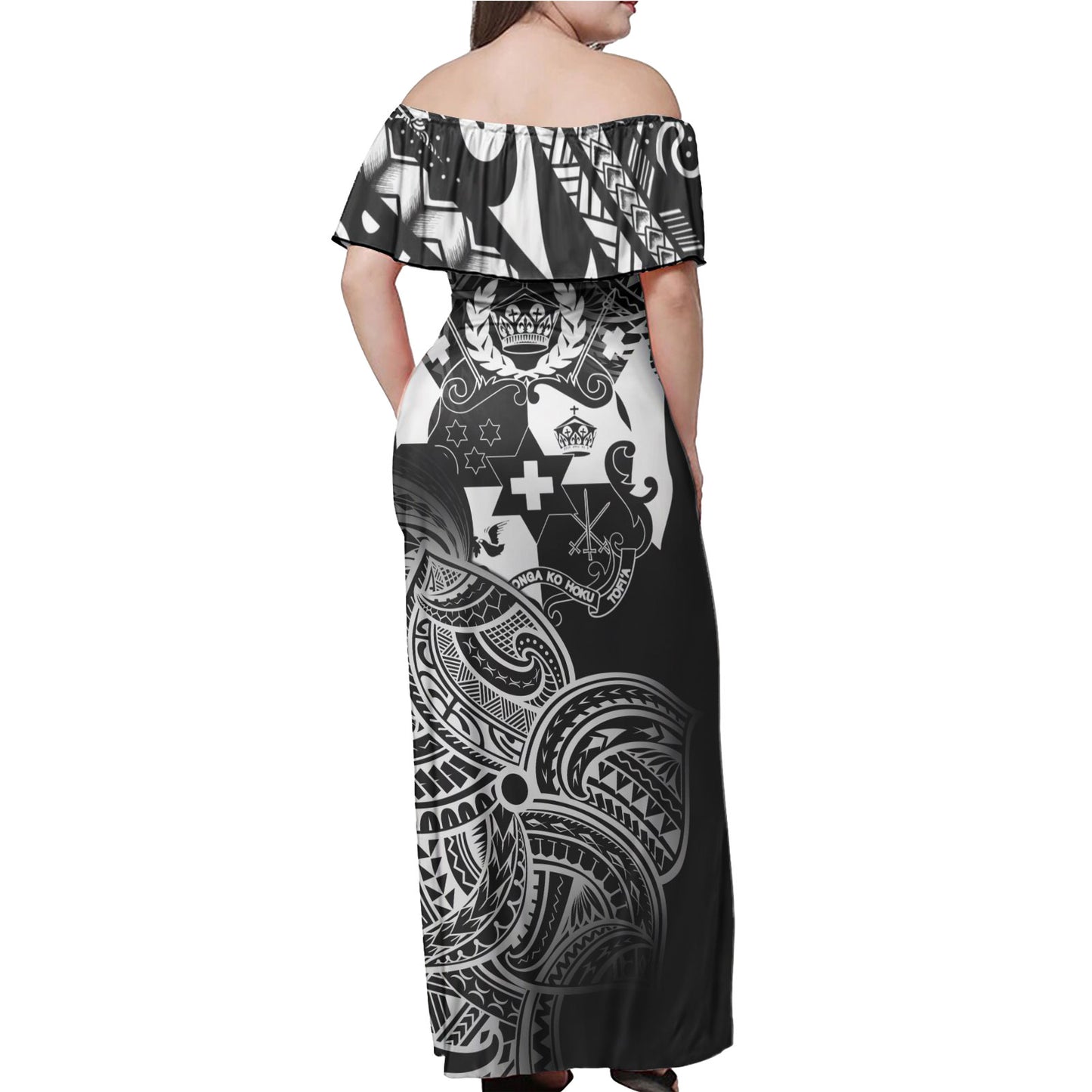 Tonga Woman Off Shoulder Long Dress - Tonga Tribal Flower White