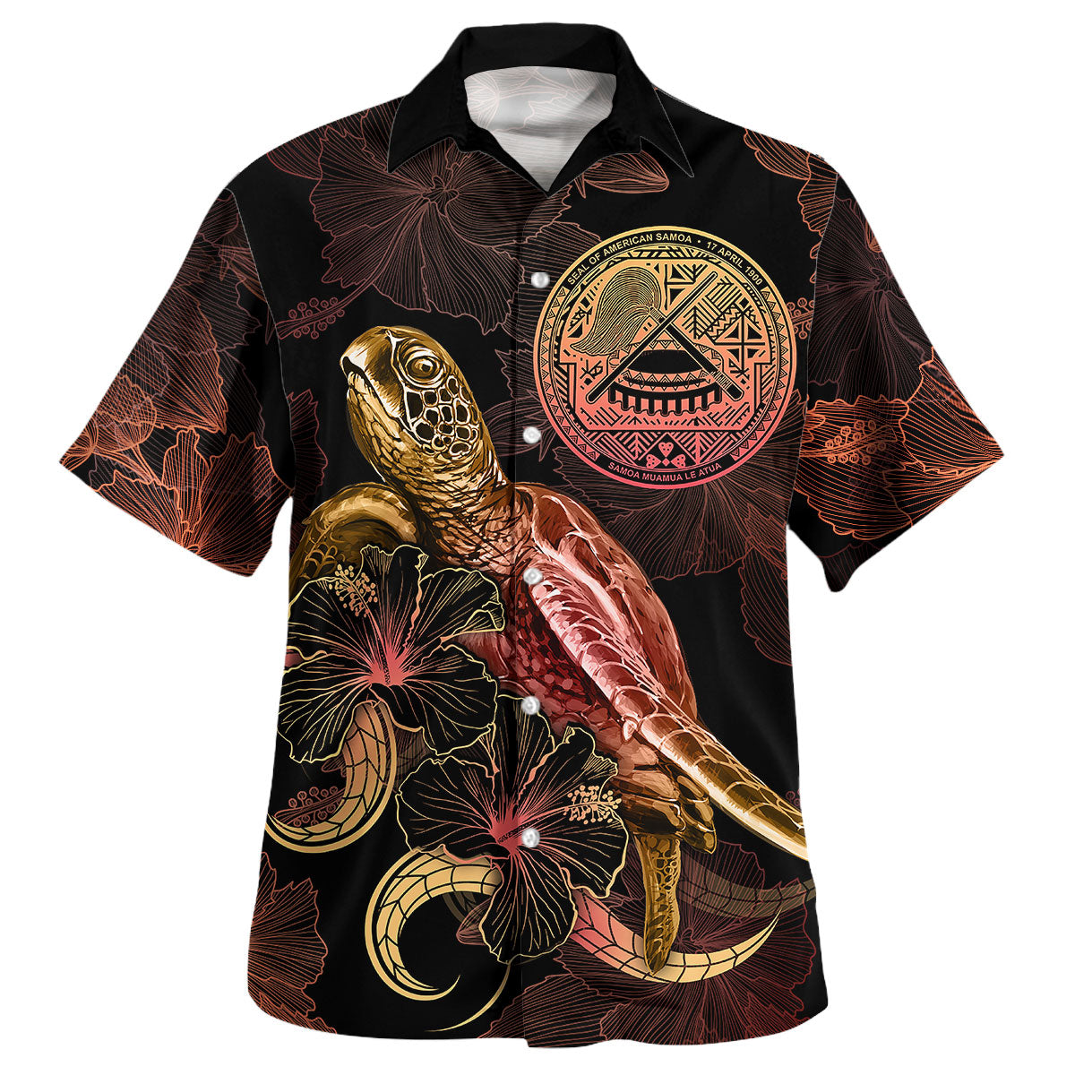 American Samoa Short Sleeve Shirt - Custom American Samoa Seal With Turtle Blooming Hibiscus Gold