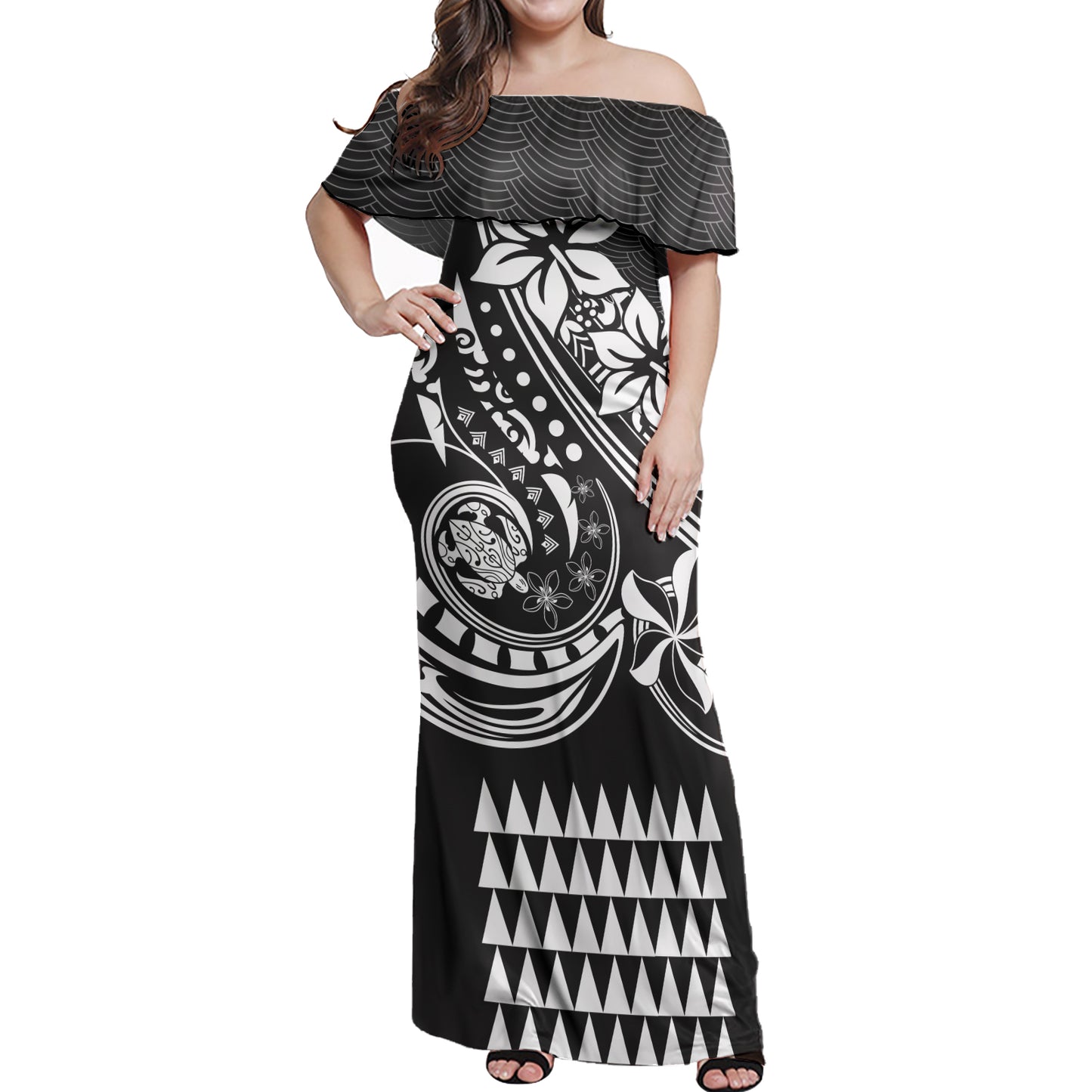 Polynesian Hawaiian Women Off Shoulder Long Dress - The Flow Of Ocean White