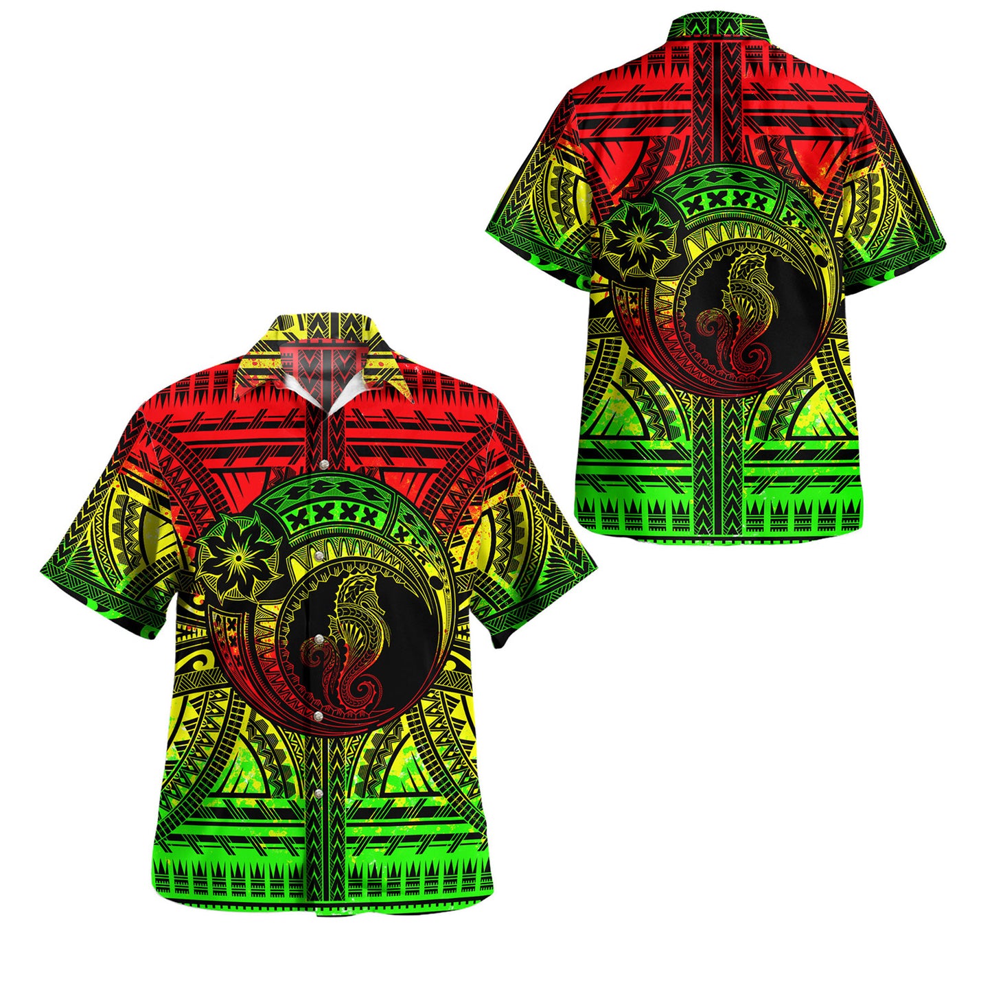Hawaii Combo Off Shoulder Long Dress And Shirt Seahorse Polynesian Tattoo Reggae