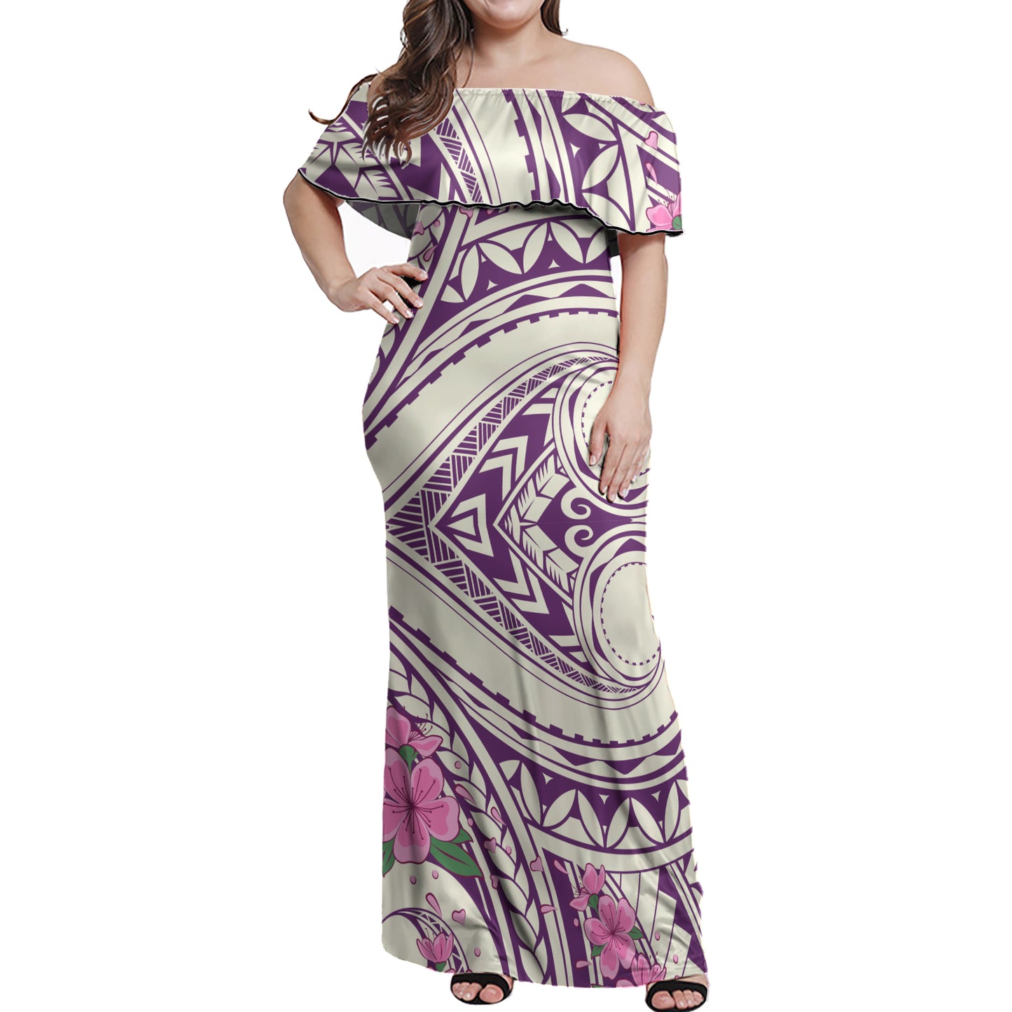 Polynesian Woman Off Shoulder Long Dress - Polynesian Pattern 02