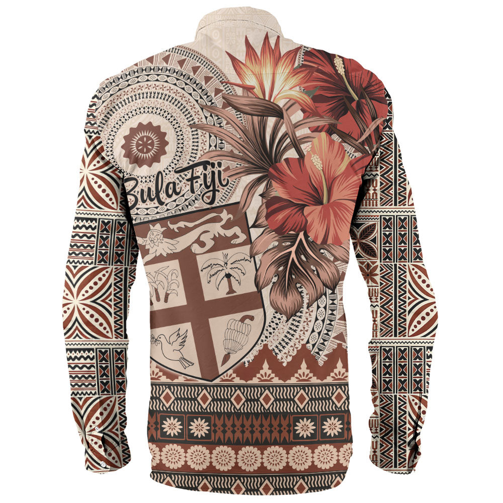 Fiji Long Sleeve Shirt Bula Tribal Print Beige