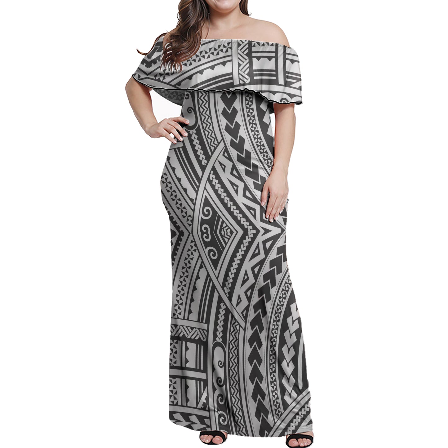 Polynesian Woman Off Shoulder Lonag Dress - Polynesian Pattern 30