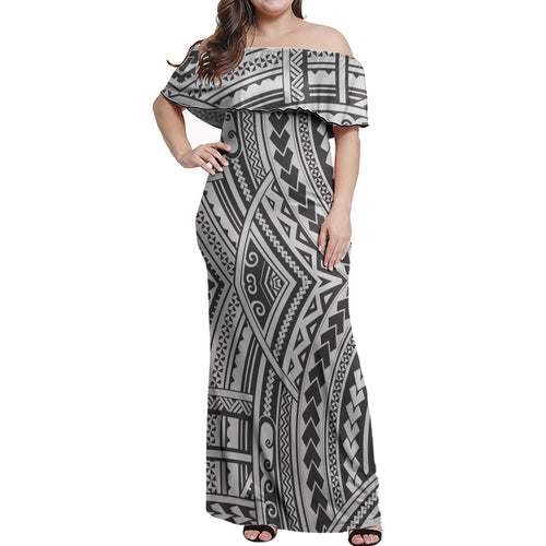 Polynesian Woman Off Shoulder Lonag Dress - Polynesian Pattern 30