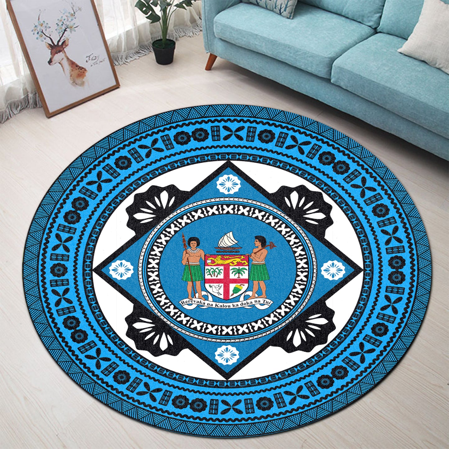Fiji Round Rug - Tapa Fijian Masi Melanesian Coat Of Arms