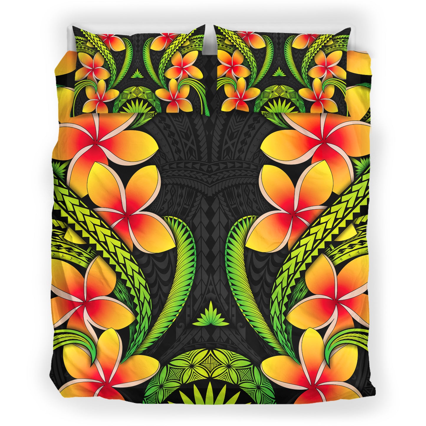 Polynesian Bedding Set Plumeria Green Pattern