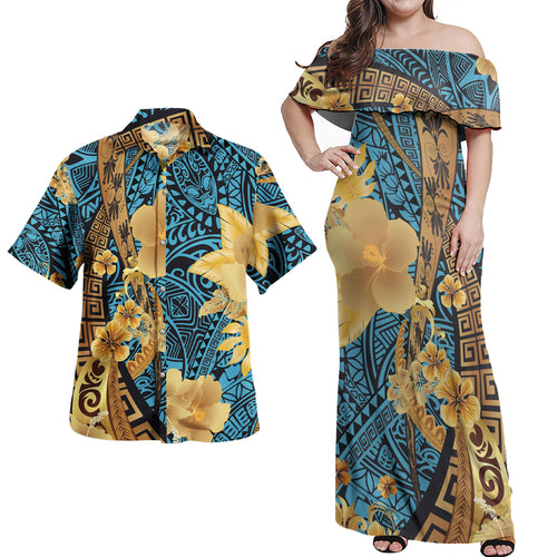 Polynesian Tribal Patterns Hibiscus Flowers Golden Color Women Off Shoulder Long Dress And Shirt