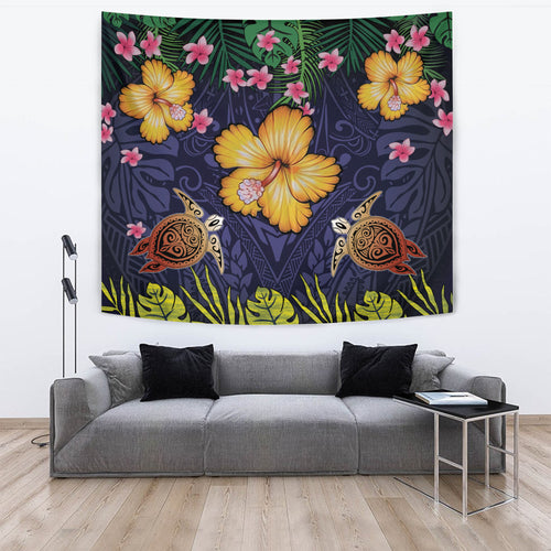 Hawaii Tapestry Polynesian Patterns Turtle Couple Hibiscus Plumeria Flowers