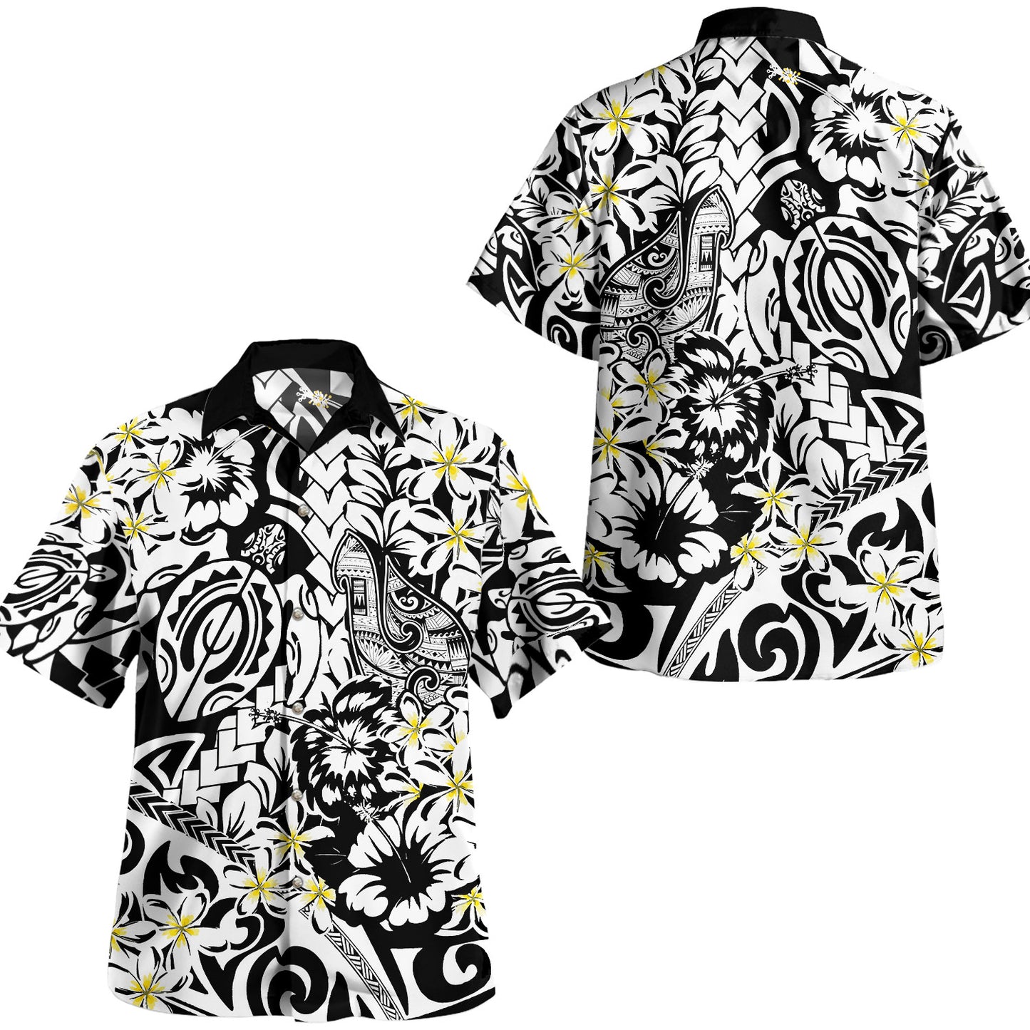 Polynesian Hawaiian Shirt Tropical Tribal Turtle With Fish Hook Pure Black