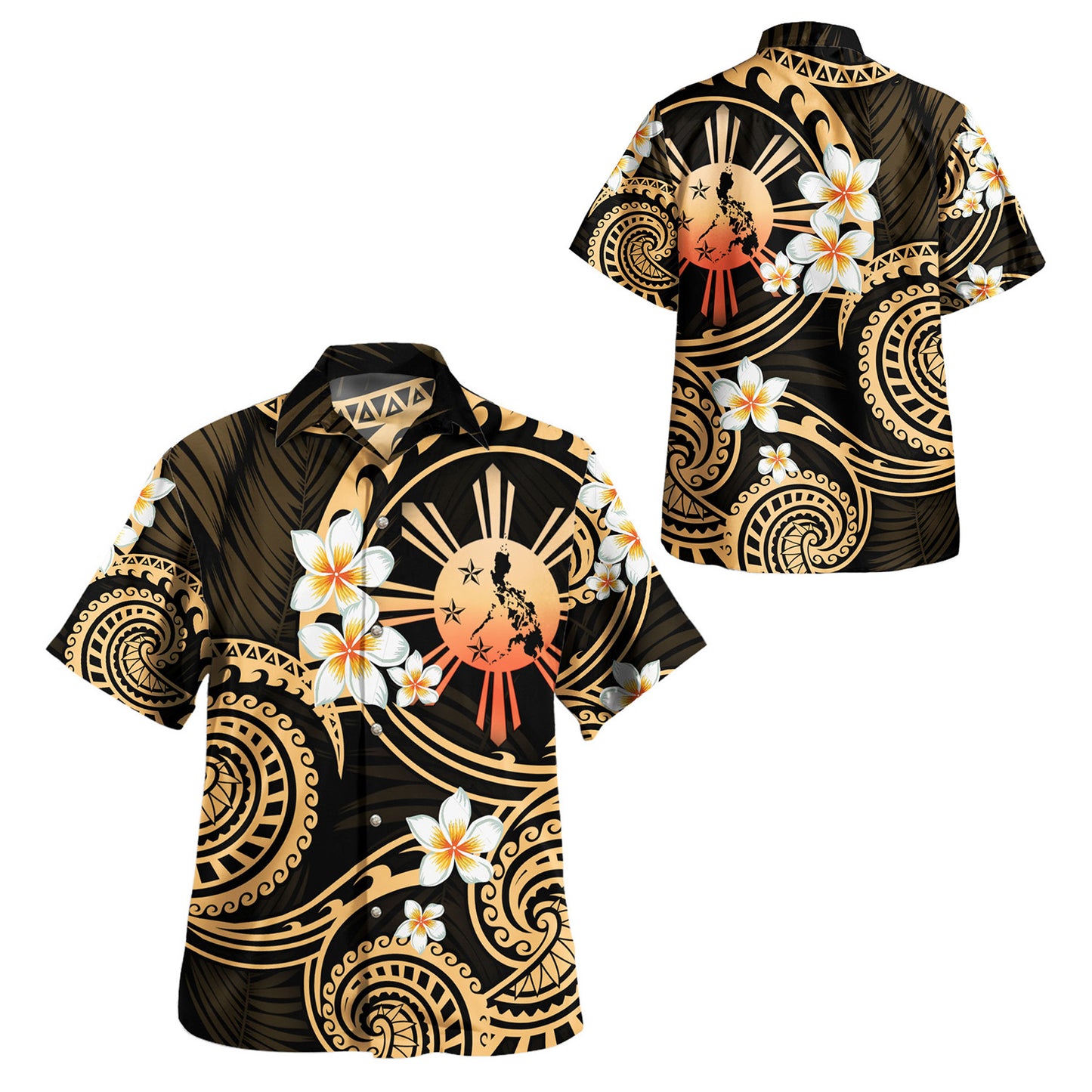 Philippines Filipinos Combo Off Shoulder Long Dress And Shirt Plumeria Flowers Tribal Motif Style