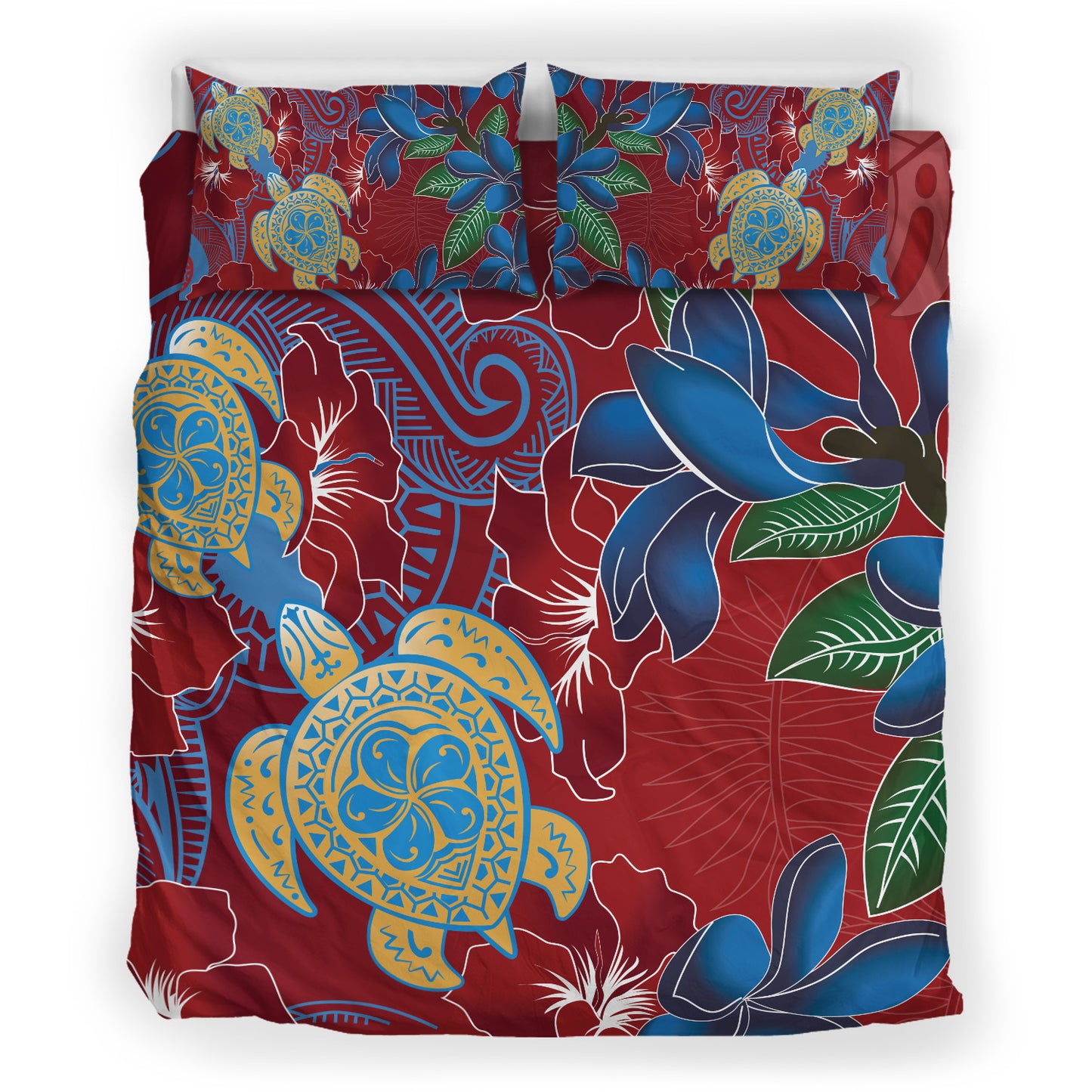 Hawaii Bedding Set Polynesian Cultures Turtle Couple Tropical Flowers Red Color