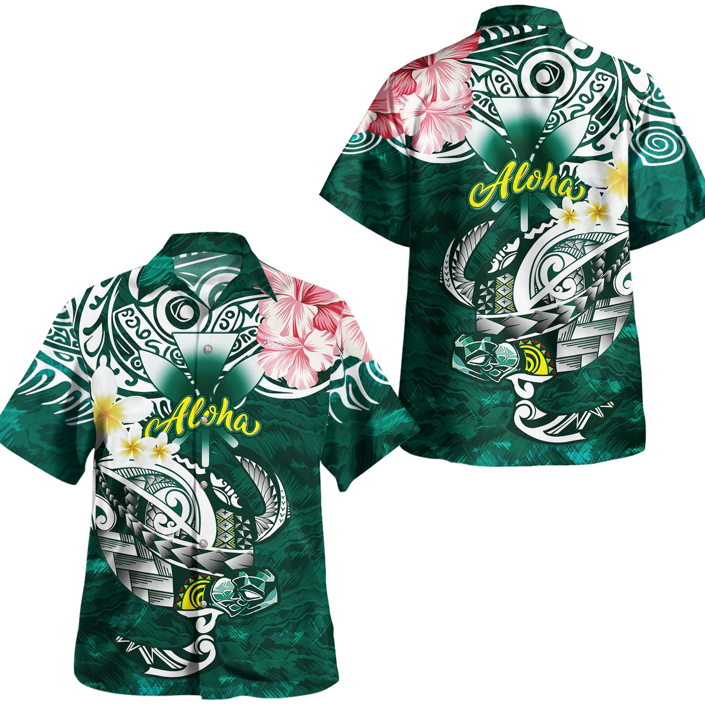 Hawaii Combo Dress And Hawaiian Shirt - Polynesian Honu With Plumeria Aloha Ocean Wave