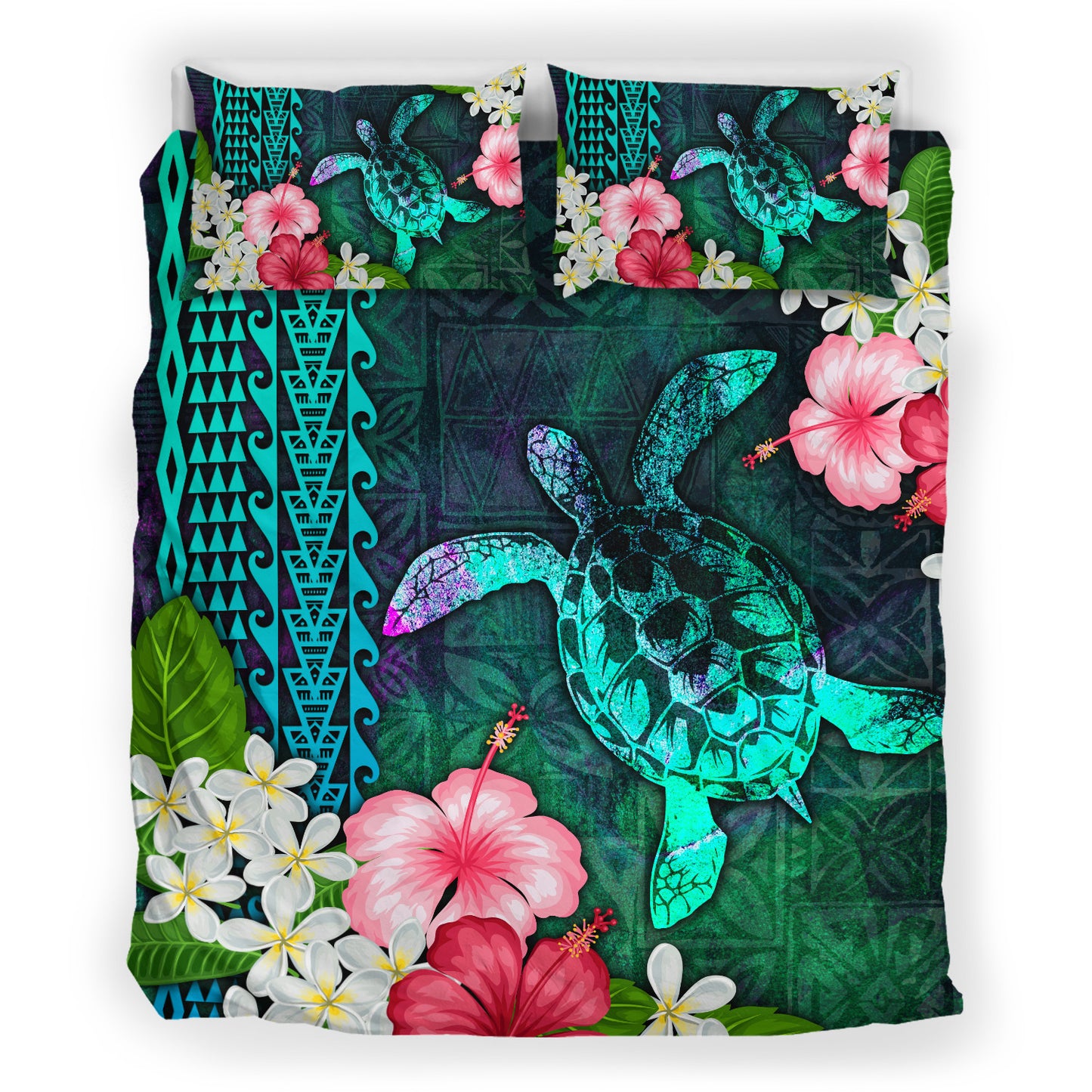 Hawaii Bedding Set Sea Turtle Abstract Background With Tropical Flowers Hibiscus And Plumeria