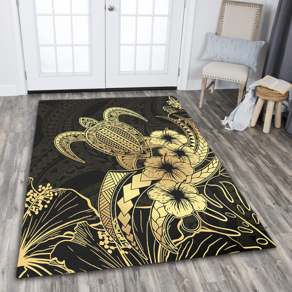 Hawaii Area Rug Tribal Polynesia Floral Gold Art