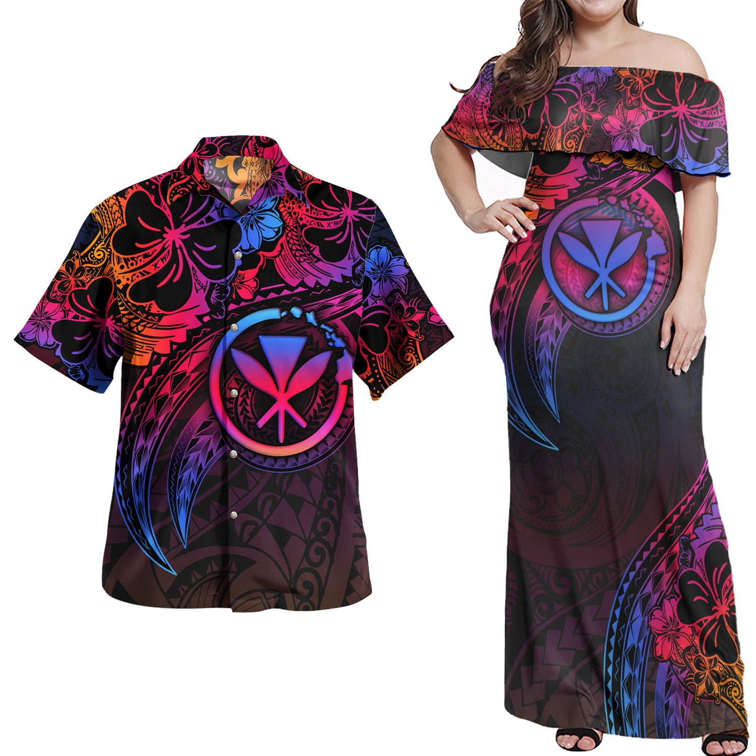 Hawaii Kanaka Maoli Combo Off Shoulder Long Dress And Shirt Rainbow Style