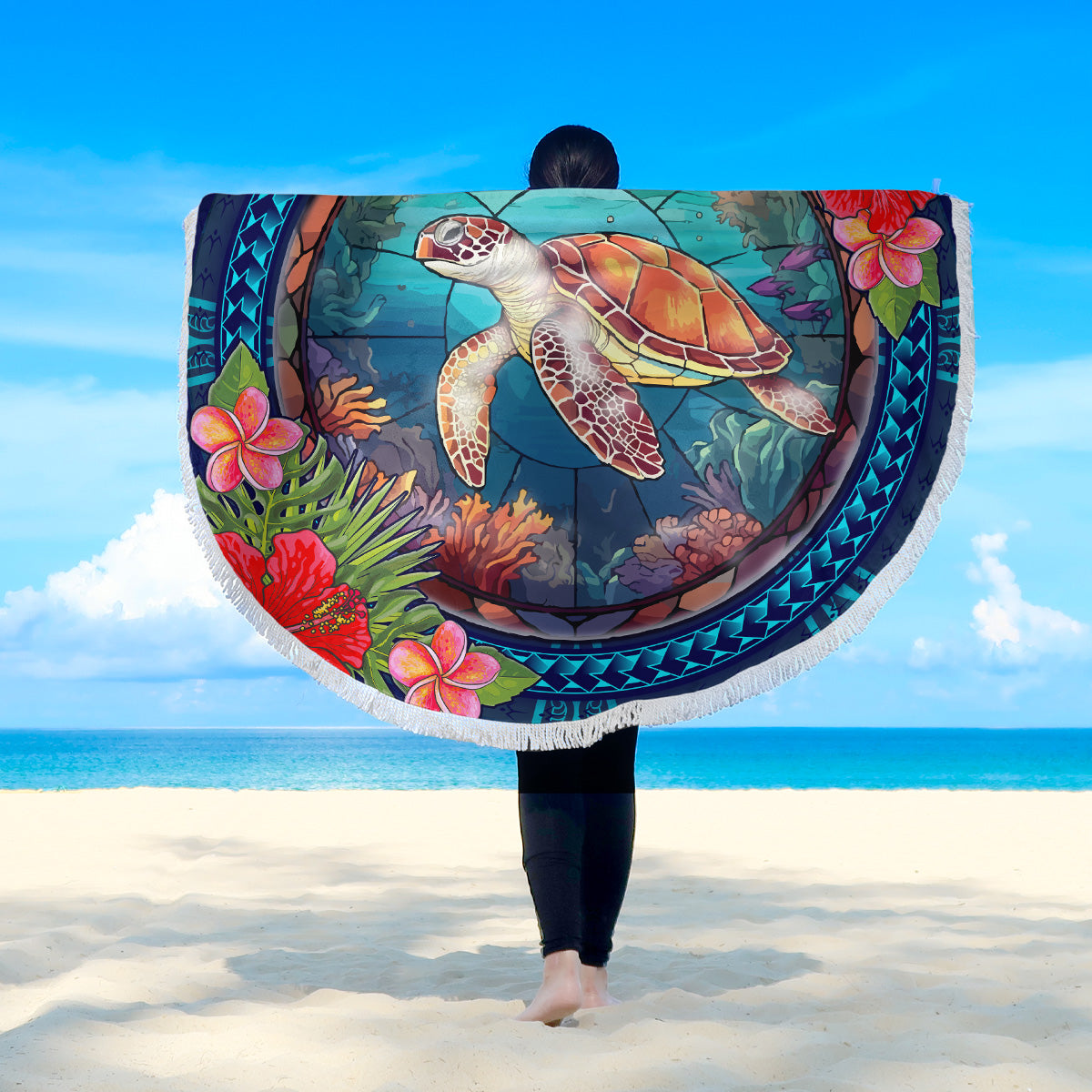 Hawaii Beach Blanket Polynesian Patterns Turtle Mascot WaterColor Style