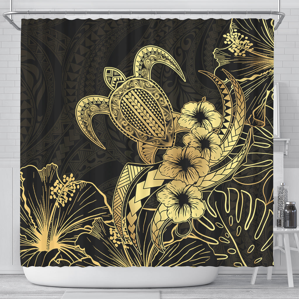 Hawaii Shower Curtain Tribal Polynesia Floral Gold Art