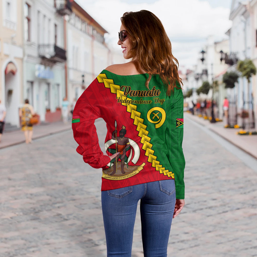 Vanuatu Off Shoulder Sweatshirt Tribal Coat Of Arms With Flag Independence Day