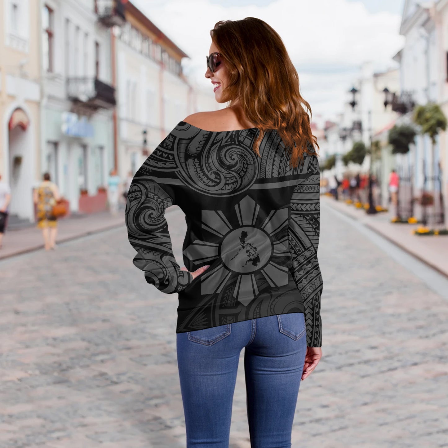 Philippines Filipinos Off Shoulder Sweatshirt Polynesian Tribal Sun And Map Original Style