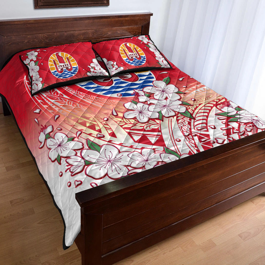 Tahiti Quilt Bed Set Polynesian Pattern Style White Flowers