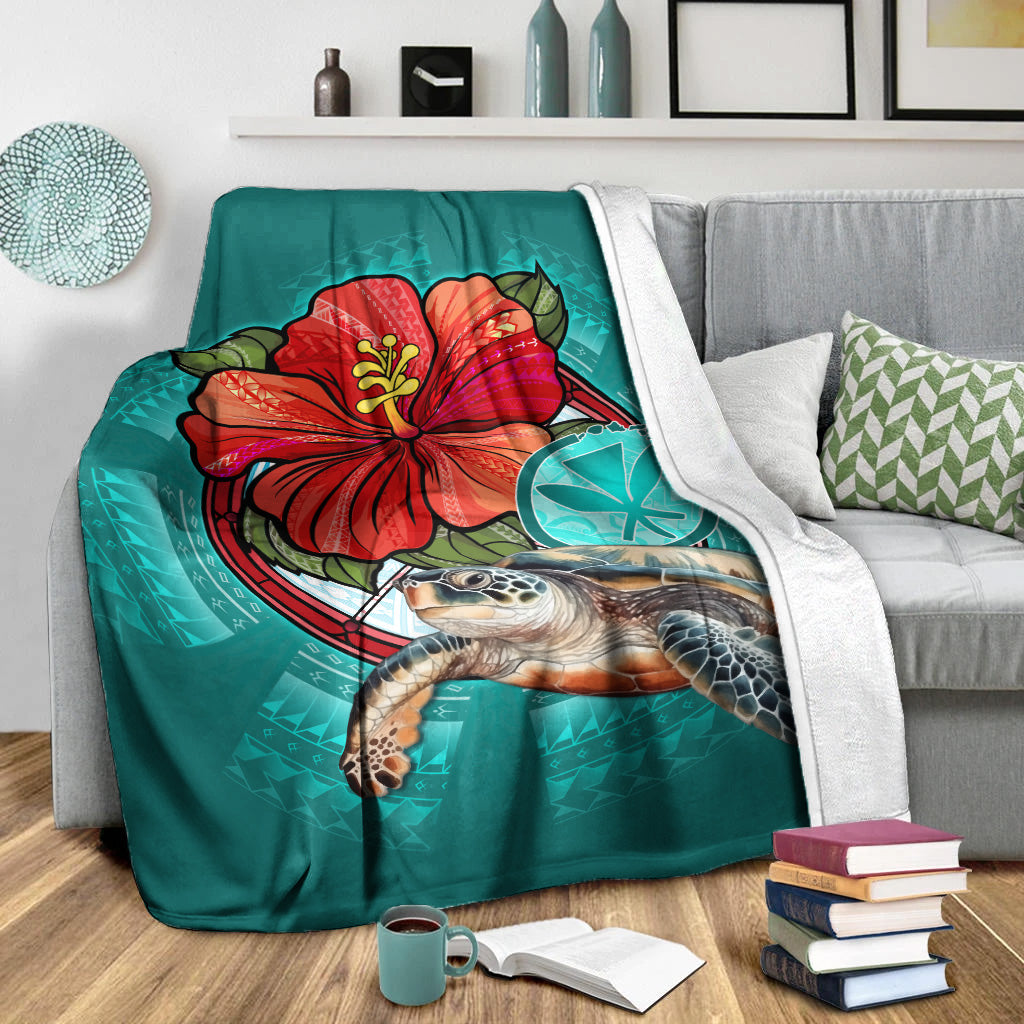 Hawaii Premium Blanket Hawaiian Map Turtle Hibiscus Flowers Polynesian Patterns Style