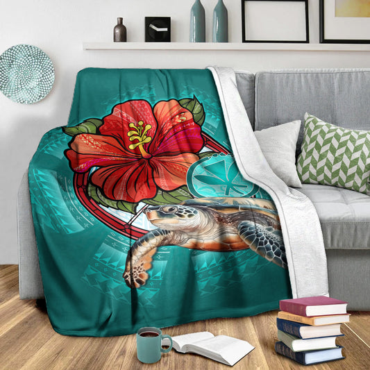 Hawaii Premium Blanket Hawaiian Map Turtle Hibiscus Flowers Polynesian Patterns Style